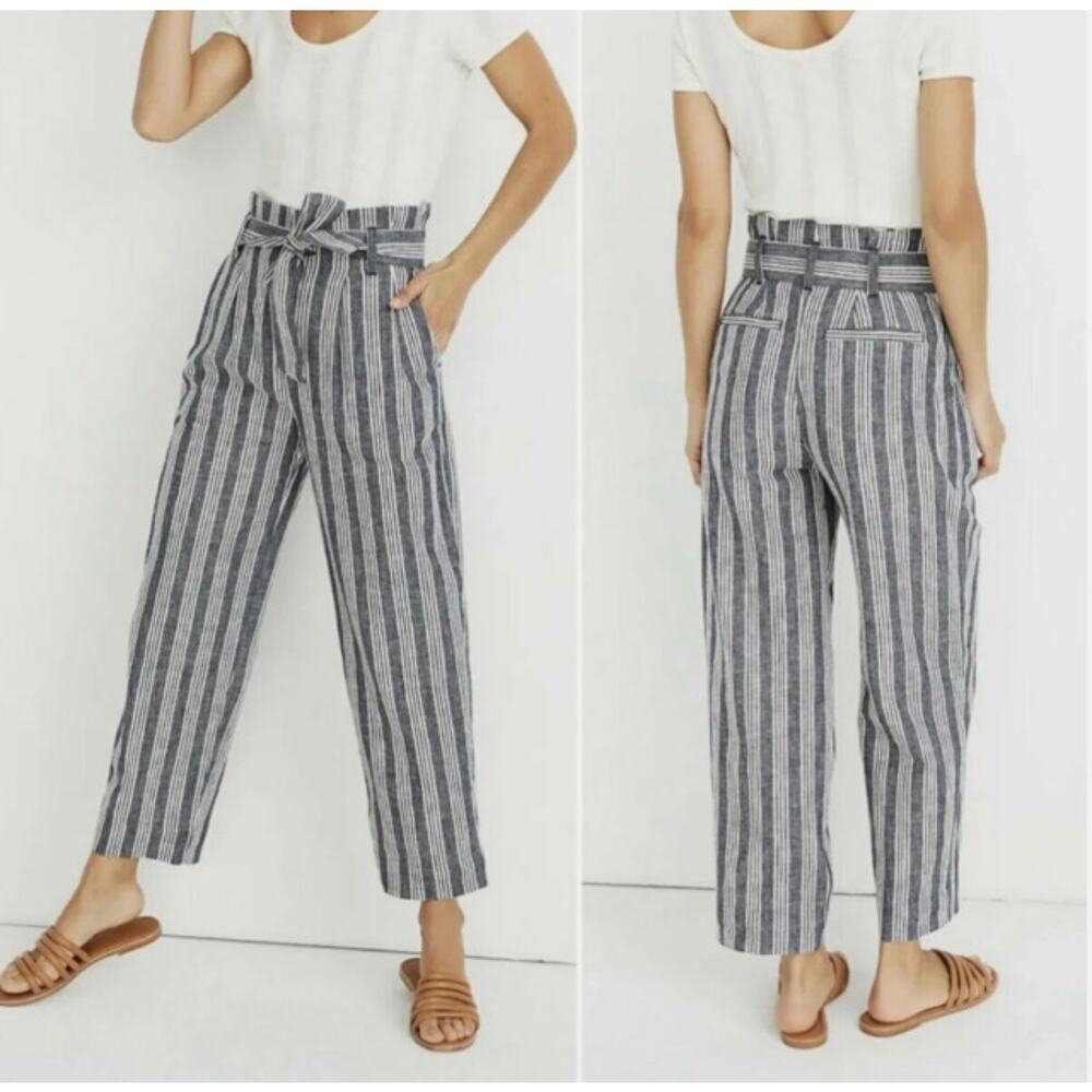 Madewell Deep Indigo Stripped Linen Cotton Belted Paperbag Waist Pants SZ 0